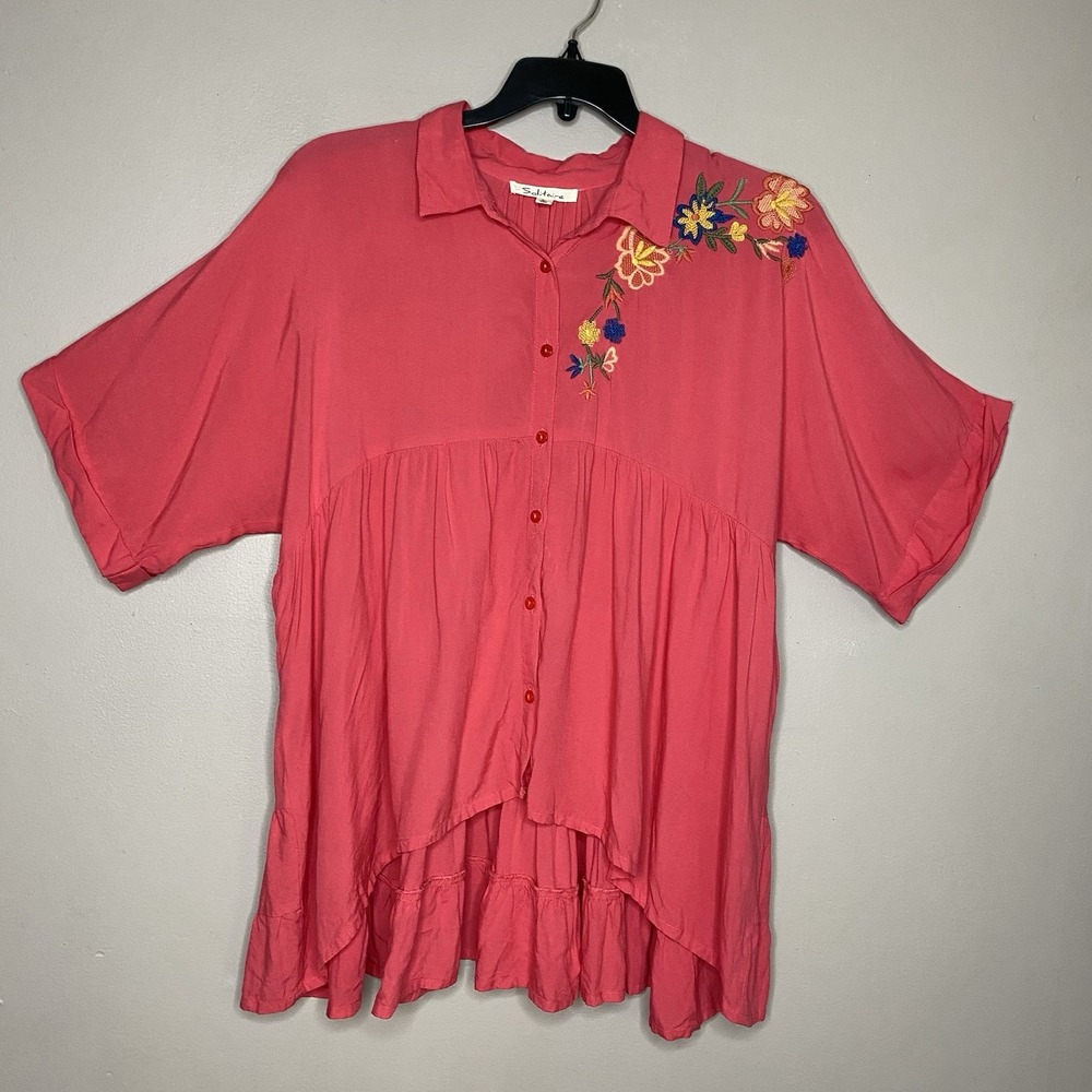 Solitaire Blouse‎ Boho Floral Embroidered Coral High Low Button Up Shirt Size L